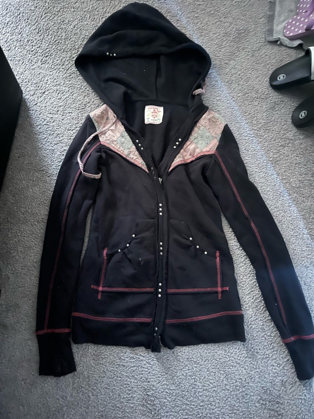 Black Hooded Zip-Up Jacket with Pink Stitching